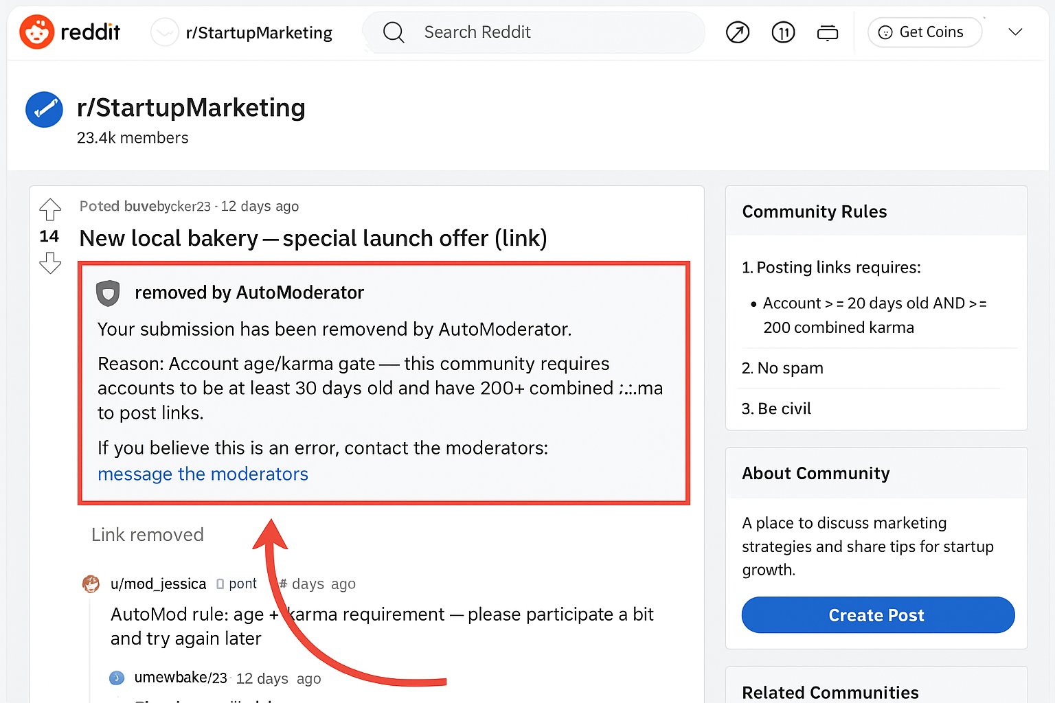 Reddit desktop screenshot of r/StartupMarketing showing a removed post. The AutoModerator removal banner explains: 'Account age/karma gate — this community requires accounts to be at least 30 days old and have 200+ combined karma to post links.' The subreddit sidebar 'Community Rules' also lists: 'Posting links requires: Account >= 30 days old AND >= 200 combined karma.’ A red rectangle highlights the removal banner and a red arrow points to it.”<br />
style=”max-width:600px;width:100%;height:auto;”><br />
</figure>
<h3><strong>AutoModerator configuration basics</strong></h3>
<p>AutoModerator can remove posts from accounts under a karma or age threshold, or punt them into a queue. Some subs set layered checks (e.g., must have X total, Y comment karma, and Z days old). There isn’t a single “Reddit-wide” threshold. Every sub is its own little country.</p>
<h2>How long does it take to build karma? Timelines and realistic expectations</h2>
<p>It depends on niche, quality, timing, and luck. You can see a few thousand points in months, or crawl for a year if you’re posting to quiet corners at off hours. That’s normal.</p>
<h3><strong>Fast growth scenarios</strong></h3>
<p>Viral, timely, on-topic content in receptive subs is the rocket. Original photos from Portland’s Rose Festival posted in r/Portland and r/photography, for example, can pull ~2,400 post karma in 48 hours when timed right. Same for a breaking-how-to in r/techsupport on a widely reported Windows update bug.</p>
<h3><strong>Steady growth scenarios</strong></h3>
<p>Slow and consistent wins long term. Helpful answers in busy threads plus an occasional solid post across related subs usually adds up to 200 to 1,000 karma in three to six months. Comment karma compounds—good replies keep getting discovered as threads resurface.</p>
<h3><strong>Slow growth and why it happens</strong></h3>
<p>Posting off-topic, blasting low-effort links, or focusing on tiny, inactive subs will stall you. Volume can’t fix fit. Timing and context do most of the heavy lifting.</p>
<h2>Ethical ways to earn karma: content, timing, crossposting, and engagement</h2>
<p>The safest path is also the one that keeps working.</p>
<h3><strong>Create value-focused posts</strong></h3>
<p>Share something people can use. A small business owner who uploaded a simple Google Sheets budgeting template to r/personalfinance and r/SmallBusiness earned steady post karma and thoughtful feedback. Evergreen tools get saved, referenced, and keep paying dividends.</p>
<h3><strong>Prioritize comments over posts</strong></h3>
<p>Comments are underrated. Spend time answering fresh questions with short, specific, helpful replies. Accounts can rack up thousands of comment karma with very few posts. Spraying links everywhere almost never works.</p>
<h3><strong>Crosspost sensibly and mind timing</strong></h3>
<p>Crosspost only where it fits, and publish when the audience is awake. A technical walkthrough that does great at 9 a.m. ET might flop in a Europe-heavy sub; try 6 p.m. CET instead. Test, log results, adjust.</p>
<h3><strong>Build a thematic presence</strong></h3>
<p>Stick to related topics. Jumping from skincare to crypto to woodworking looks promotional. A coherent history builds a recognizable identity—and trust.</p>
<h3><strong>When marketers consider an aged account</strong></h3>
<p>Yes, established accounts exist for sale. If you go there, audit the history like a hawk, expect scrutiny anyway, and avoid abrupt behavior changes. Buying fake karma or votes is a hard no—against policy and easy to spot.</p>
<h2>What not to do: vote manipulation, brigading, and policy risks</h2>
<p>Shortcuts are the fastest way to lose an account, or get shadowbanned where it matters.</p>
<h3><strong>Vote manipulation and consequences</strong></h3>
<p>Buying upvotes, using bots, or coordinating brigades breaks <a href=