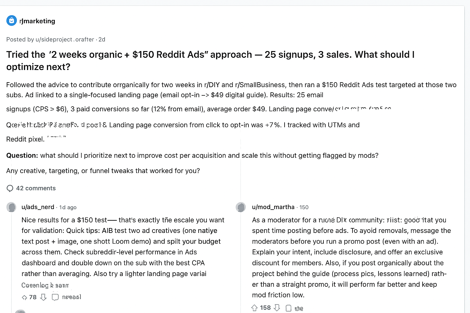Classic Reddit desktop screenshot of a r/marketing thread titled: 'Tried the 
