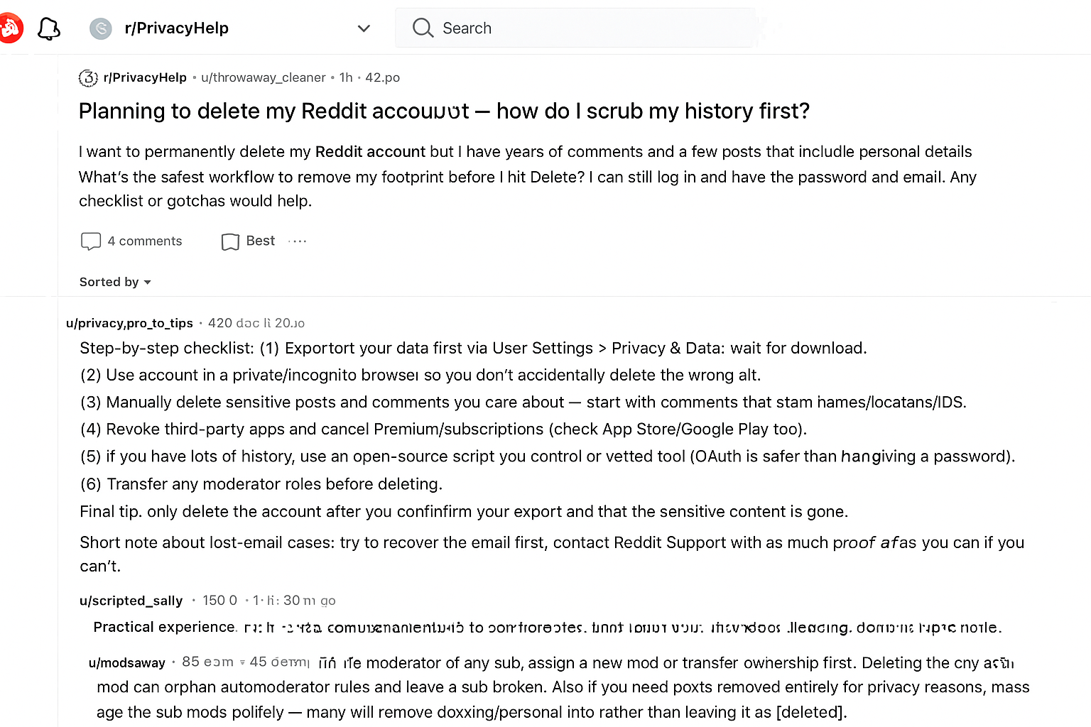 Screenshot of a classic Reddit desktop thread in r/PrivacyHelp titled 'Planning to delete my Reddit account — how do I scrub my history first?' by u/throwaway_cleaner (42 points). Four top comments: u/privacy_pro_tips (420 pts) with a detailed step-by-step checklist about exporting data, manual deletion, revoking apps, canceling subscriptions, and recovering email; u/scripted_sally (150 pts) describing using an OAuth script, rate-limit issues, and PM limitations; u/modsaway (85 pts) advising to transfer moderator roles and request moderator removals for sensitive posts; u/cautious_colin (22 pts) warning against third-party services and recommending open-source tools and 2FA backup checks. Classic Reddit desktop layout with vote arrows and comment scores.