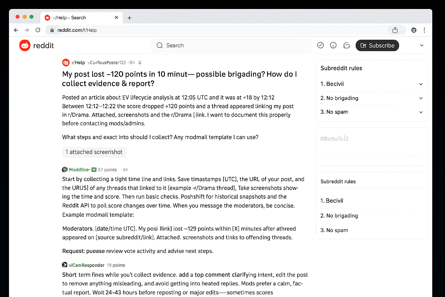Desktop Reddit screenshot of a Help subreddit thread titled 'My post lost ~120 points in 10 minutes — possible brigading? How do I collect evidence & report?' The post describes a sudden score drop and links to an external thread. Top comments (from a moderator and experienced users) explain step-by-step checks—collect timestamps and links, use Pushshift and the Reddit API, gather screenshots, and include a concise modmail template—plus practical recovery tips about editing, waiting, and repost timing.