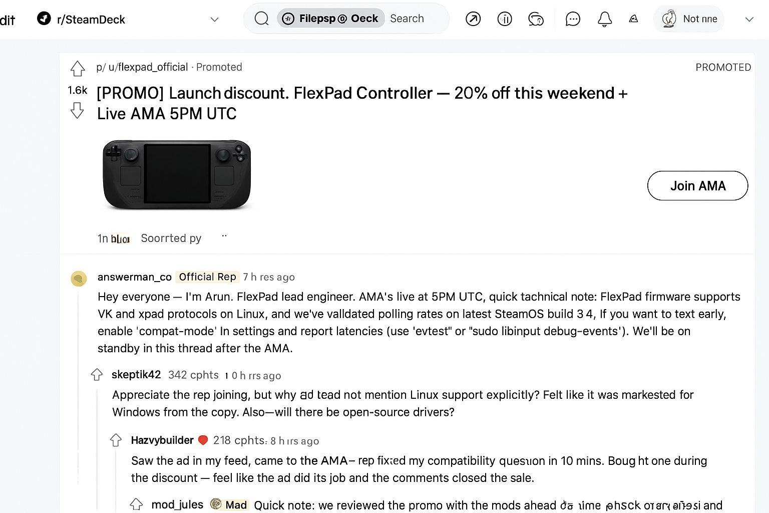 Reddit screenshot (classic layout) of a promoted post in r/SteamDeck for a controller launch. Top comments include an Official Rep answering technical Linux questions (1210 upvotes), a skeptical user asking about drivers (342 upvotes), a buyer praising the AMA (218 upvotes), and a moderator confirming prior coordination (95 upvotes). The thread shows how paid reach plus human replies and mod involvement generated trust.