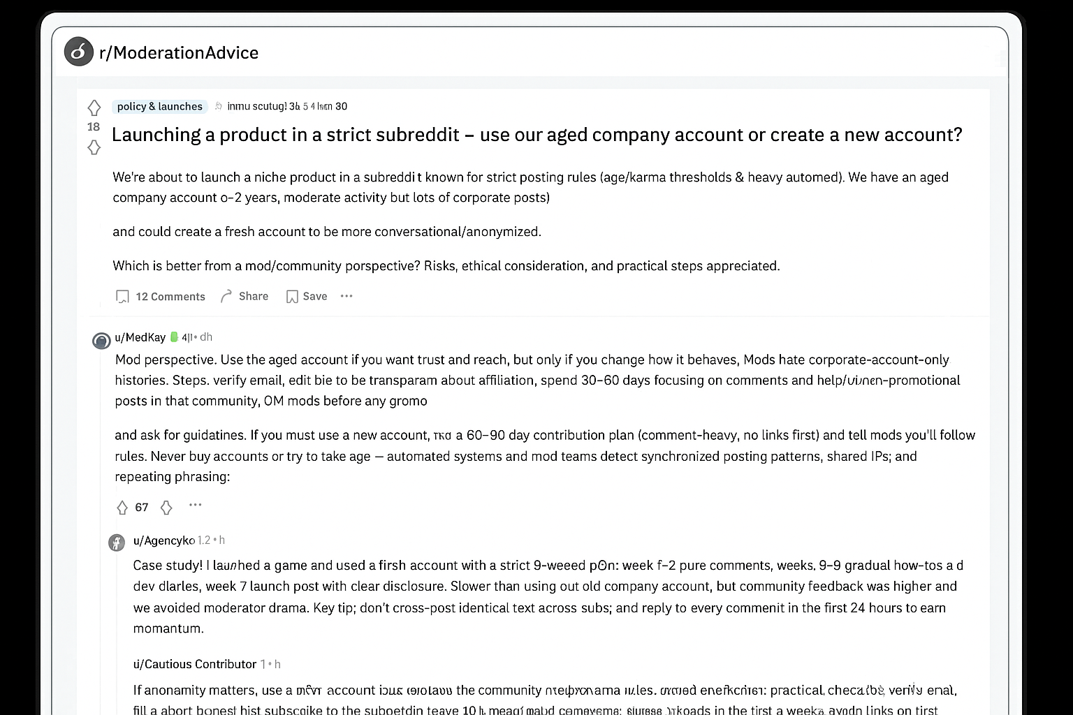 Classic Reddit desktop screenshot of r/ModerationAdvice thread where u/launch_planner asks whether to use an aged company account or create a new account for a product launch. Top comments include a moderator (u/ModKay) advising transparency and a 30–60 day contribution plan, an indie developer sharing an 8-week case study, an agency warning against buying accounts and recommending ads + aged account, and a community member with a practical 30-day checklist.