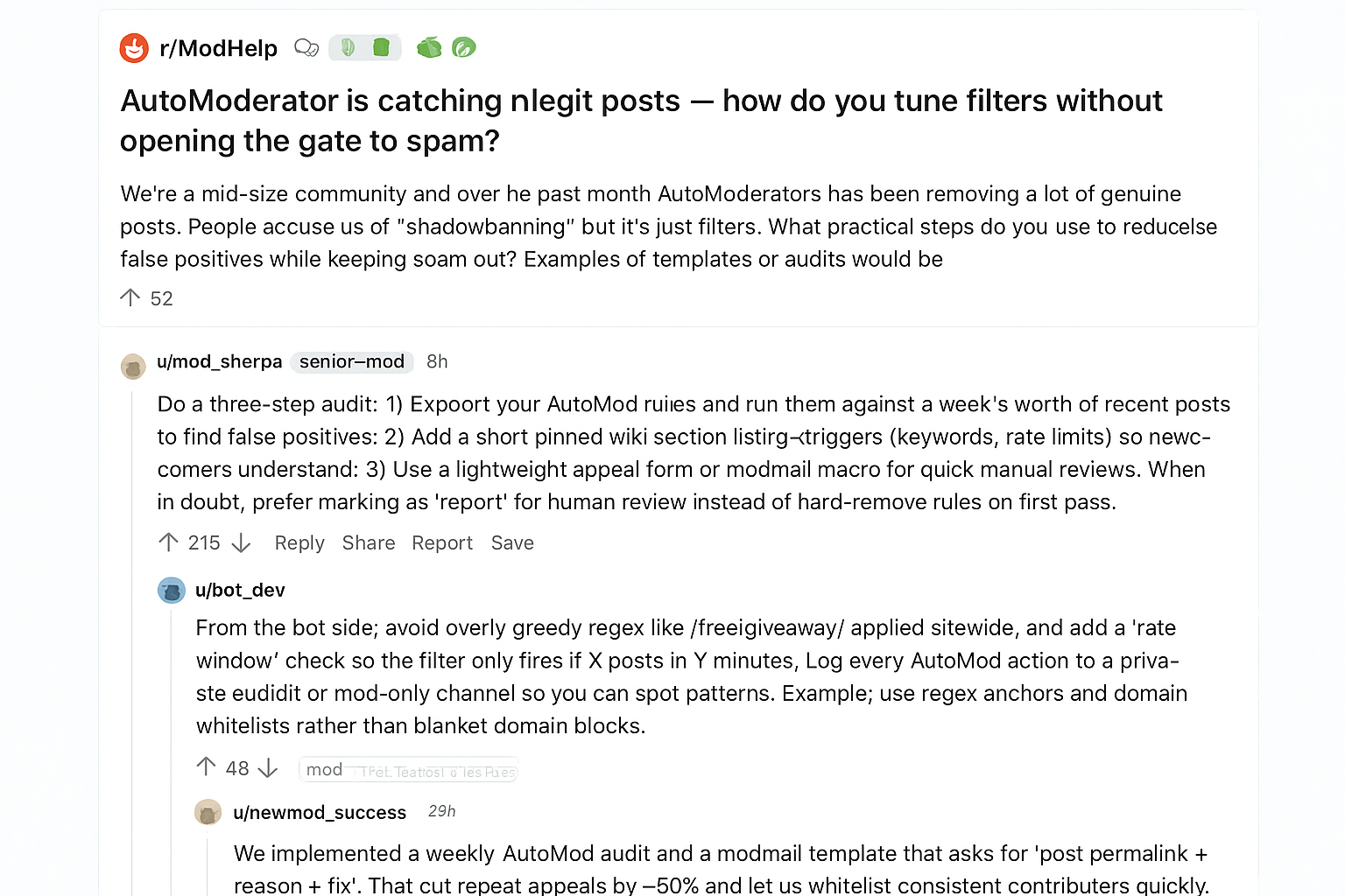 r/ModHelp thread titled 'AutoModerator is catching legit posts — how do you tune filters?' with experienced moderators advising audits, pinned wiki documentation, conservative regex, rate-window checks, logging AutoMod actions, and using modmail templates. Upvotes range from 14 to 215 on comments.