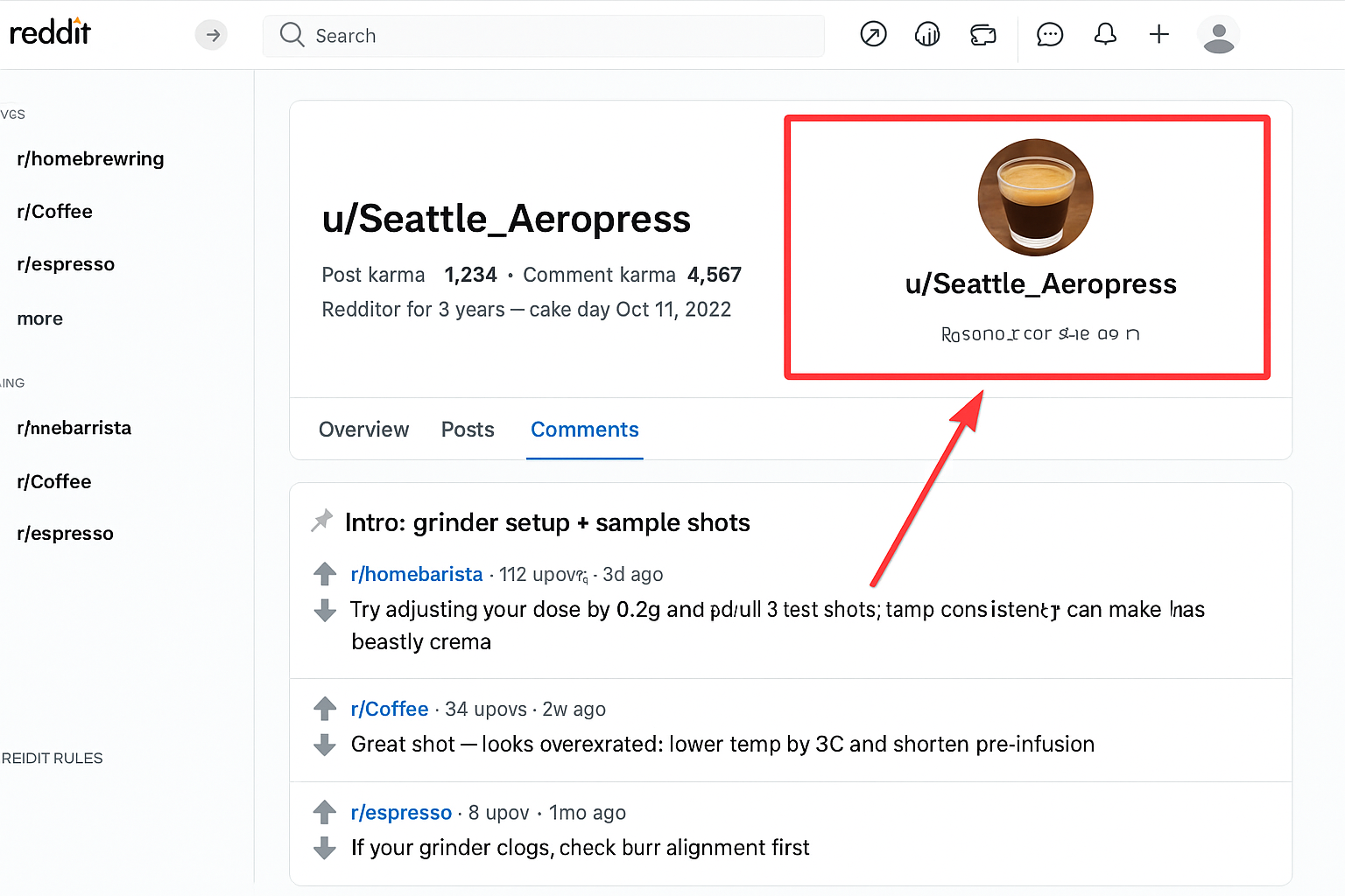 Desktop Reddit profile page for u/Seattle_Aeropress showing avatar, username, cake day, and karma in the header (highlighted with a red rectangle). A red arrow points from the header to the Comments list where a high-upvoted r/homebarista comment is visible, demonstrating how to audit account signals and relevant posting history.