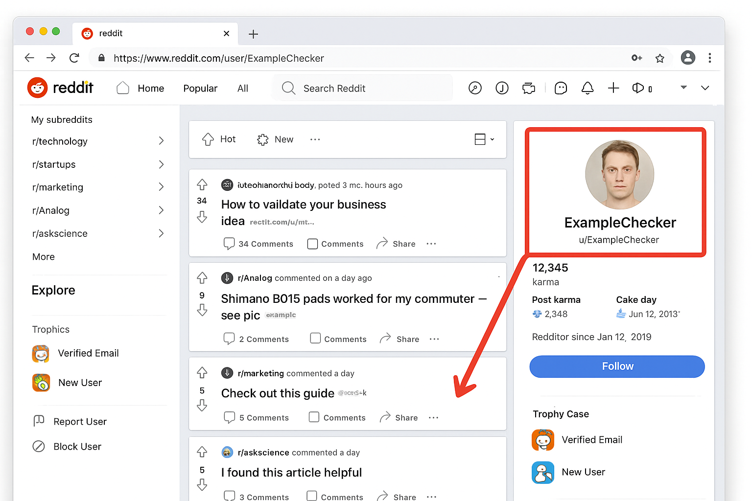 Illustration of how to tell if Reddit account is a bot