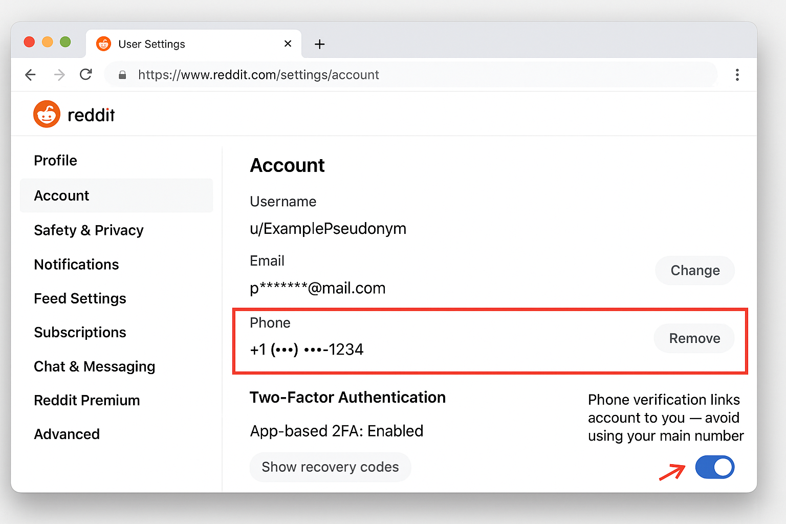 Reddit desktop Account Settings page showing obfuscated email, a partially hidden phone number and an enabled app-based Two-Factor Authentication toggle; the phone and 2FA area is highlighted with a red rectangle and a red arrow labeled: 'Phone verification links account to you — avoid using your main number.'