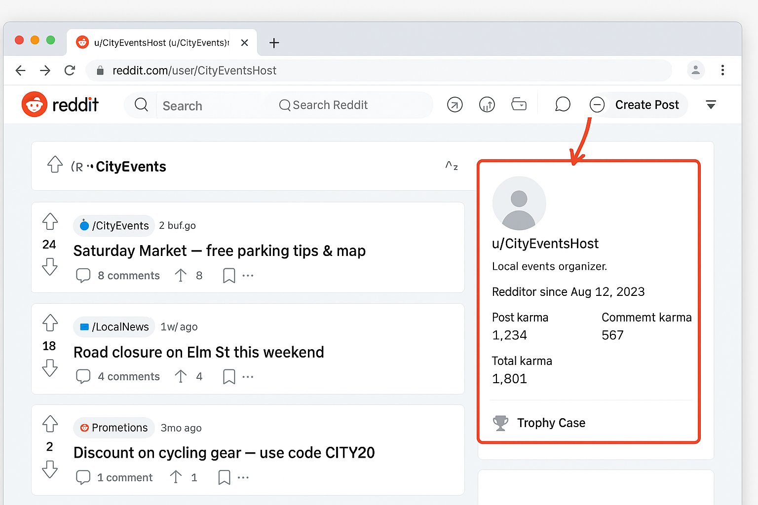 Desktop Reddit user profile for u/CityEventsHost showing the About card with 'Redditor since Aug 12, 2023' and karma breakdown (Post karma 1,234; Comment karma 567; Total 1,801). The About card is highlighted with a red rectangle and a red arrow points to it; left column shows recent posts including a local event and a promotional post.