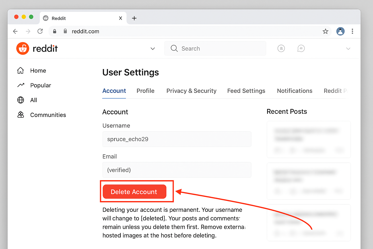 Reddit desktop User Settings (Account) page with the Delete Account button boxed in red and a red arrow pointing to the warning that posts and comments remain after account deletion.