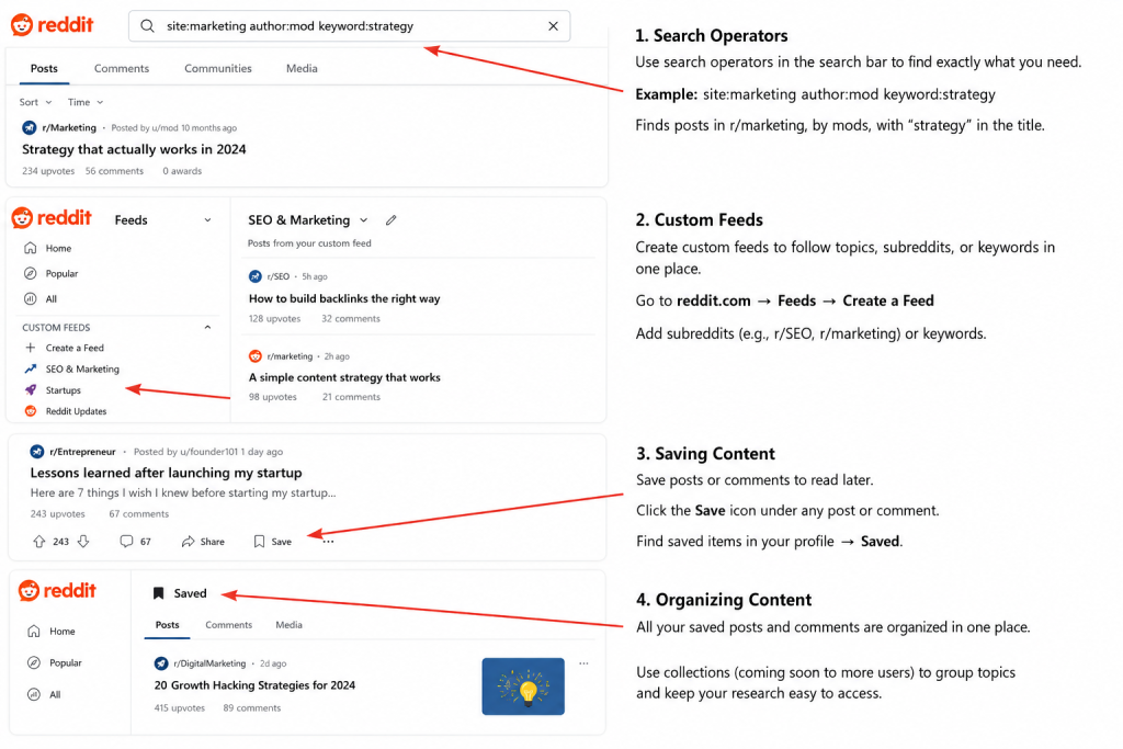 tips on search operators, custom feeds, saving, and organizing content